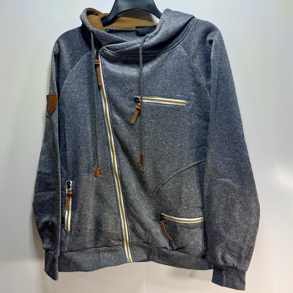 Siimhwrss Asymmetrical Zip Sweatshirt Jacket With Hood Men's Size 2XL Gray Tan